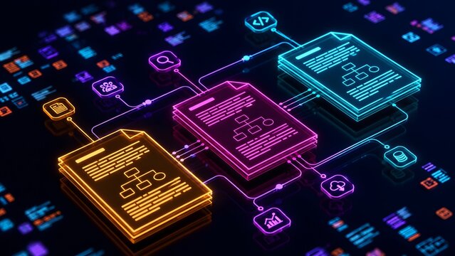 Cloud database integration network showcasing glowing digital document files and interface icons representing complex software architecture and IT infrastructure