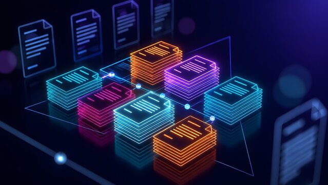 Electronic document management system showing glowing neon file folders representing digital archive organization and corporate database storage