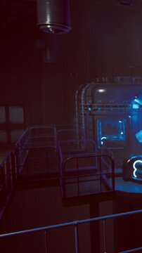 A dimly lit industrial space is filled with intricate machinery. Glowing blue lights illuminate the shadows, creating an atmosphere of quiet mystery. Metal structures rise around the scene.