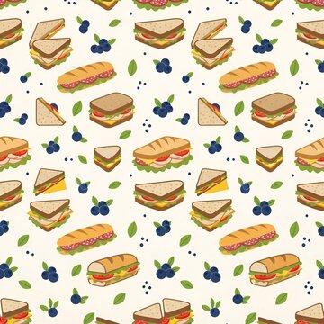 Seamless Pattern of Various Delicious Sandwiches and Fresh Blueberries on Light Background Illustration