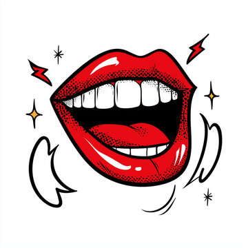 Vibrant pop art mouth with red tongue and halftone dots