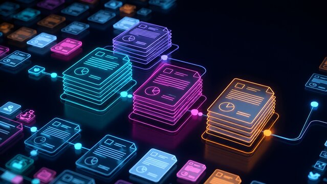 Financial data analytics network showcasing glowing business report documents with pie chart icons representing corporate performance tracking and statistics