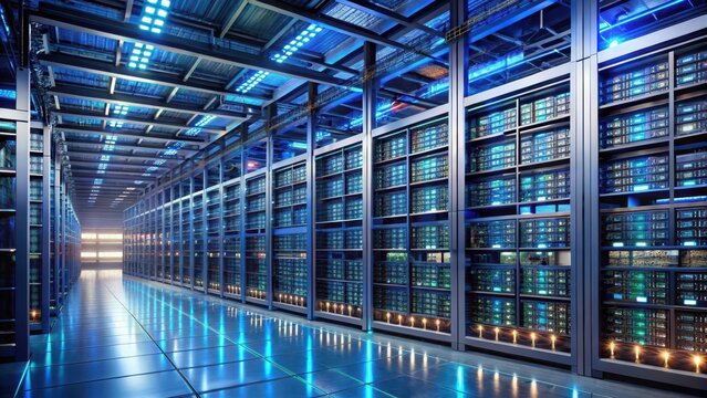Rows of humming servers and gleaming metal shelves surround a massive digital screen displaying realtime inventory updates constantly
