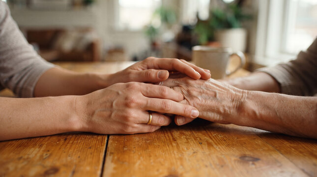 Heartwarming scene of young person holding hands of senior woman on rustic wooden table providing emotional support and care for elderly.