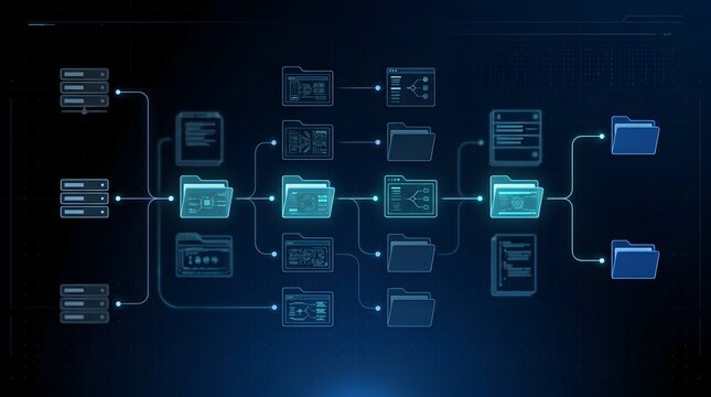Complex data architecture and file management flowchart displaying server integration and automated digital folder sorting algorithms