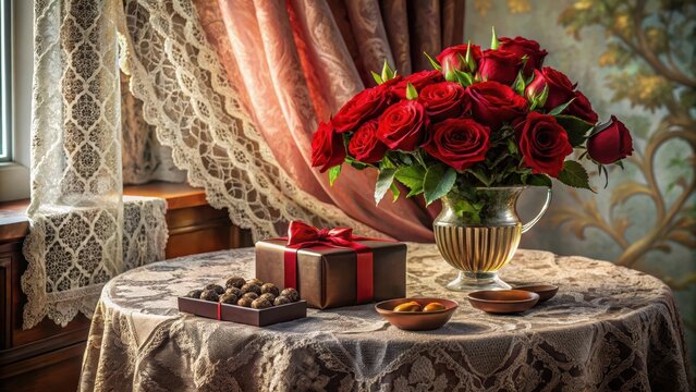 Amidst a velvetdraped boudoir a delicate lace tablecloth cradles a crimson rose bouquet and decadent chocolate boxes