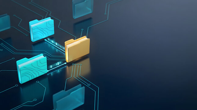 Electronic data transmission workflow showing connected digital folders on a circuit board representing secure cloud backup and file synchronization