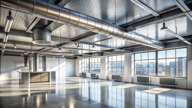 A sleek minimalist space filled with polished aluminum accents and exposed ductwork evoking urban chic simplicity
