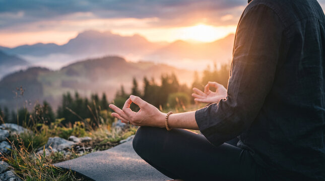 Person meditating on mountain top at sunrise practicing mindfulness and inner peace for mental wellness health and spiritual growth balance.