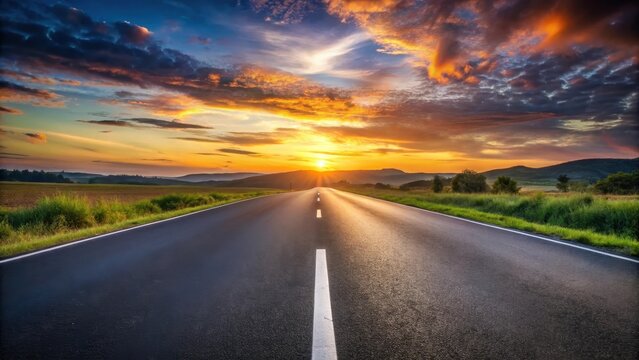 Asphalt Road Leading Towards a Vibrant Sunset Over Rolling Hills and Lush Green Fields