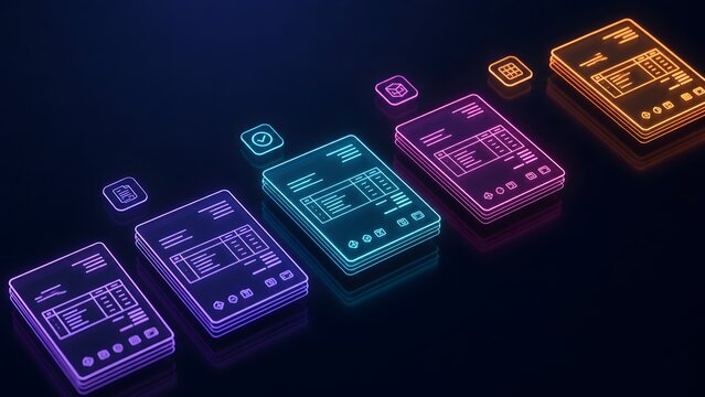 User interface design and software development process showing colorful glowing wireframe layouts and digital application dashboards on a dark futuristic background