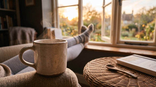 Close-up of steaming hot drink in mug on cozy armchair with person relaxing by window at sunset.