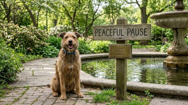 Cheerful brown scruffy dog sits on stone path in lush green garden park near peaceful water fountain and wooden sign with inspirational quotes, showcasing a very calm and happy outdoor pet lifestyle..