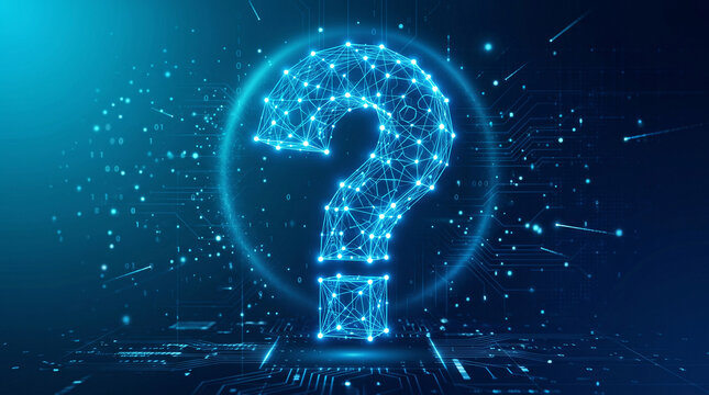 Digital technology concept showing glowing blue question mark symbol constructed from network lines and data points on dark abstract background.