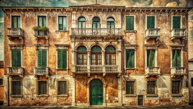 A weathered antique palazzo looms against a vintage or grungy background of venetian stucco texture as pattern wall copy space