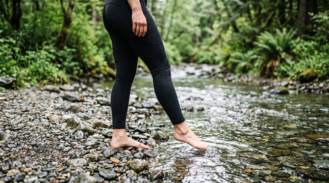 Low section of woman standing in shallow river water barefoot testing temperature during walk in nature.