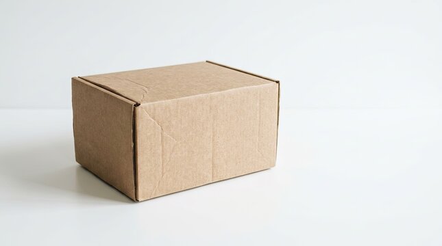 A brown cardboard box sits on a white surface. The box is simple and rectangular, with visible folds and creases.