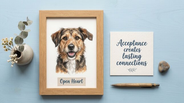 Detailed hand drawn dog portrait in a wooden frame sits on a blue desk with an inspirational quote card about acceptance, showcasing beautiful pet art for home decor and these meaningful gift options.