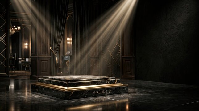 Dramatic spotlights illuminate a dark, luxurious platform adorned with a black marble surface and a gold accent.
