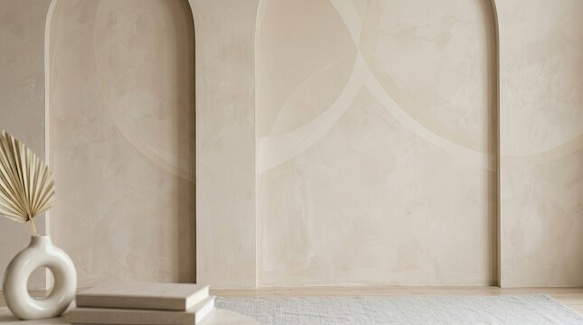A textured wall displays a subtle circular pattern. A dried palm leaf rests in a white vase on a wooden surface.