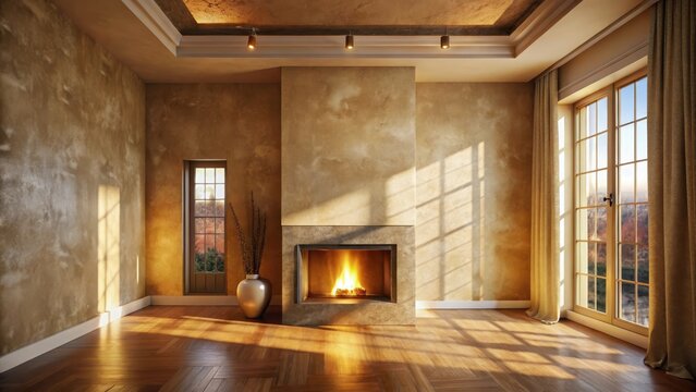 An empty dimly lit room bathes in warm golden light from the crackling fireplace on beige walls beside