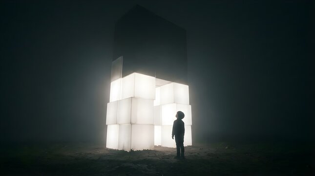 Child standing before a glowing geometric monolith in dark foggy night