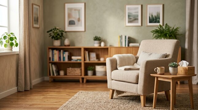 A cozy living room scene features a comfortable armchair with a throw blanket and a small side table.