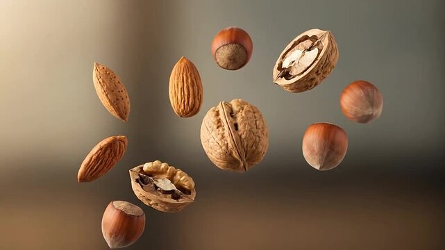 Levitating nuts with walnut almond and hazelnut