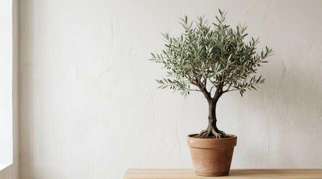 A small olive tree sits in a terracotta pot on a wooden table. The tree is positioned in front of a plain, textured wall with a window in the background.