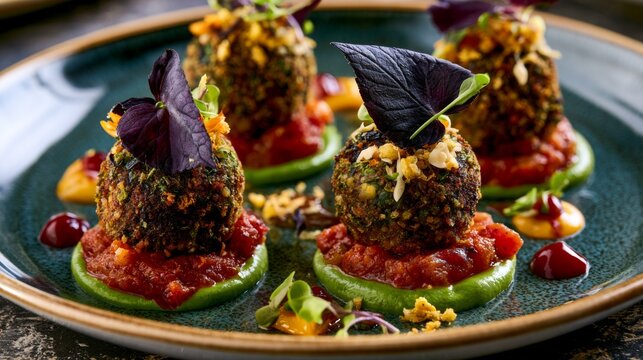 Elegant Plate of Gourmet Vegetarian Appetizers Featuring Herb-Infused Balls on a Colorful Sauce Base with Creative Garnishes and Fresh Herbs