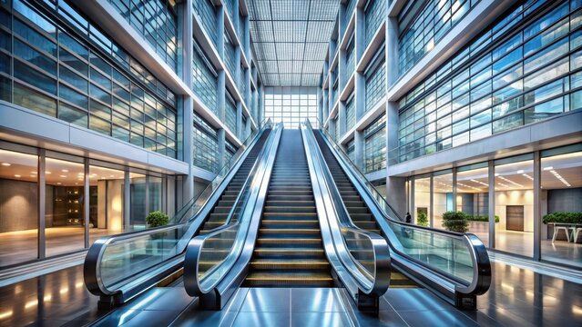 A sleek glasswalled escalator ascends and descends through a modern office buildings central atrium flowing like liquid steel