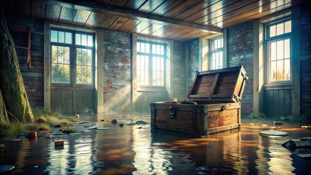 A murky room submerged beneath chestdeep water warped wooden floorboards now a chaotic sea of silt and discarded memories