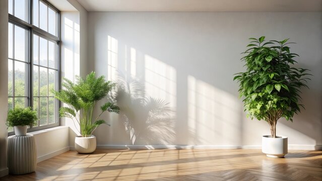 A minimalist room bathed in soft warm daylight with blurred foliage casting a gentle shadow on a crisp white wall