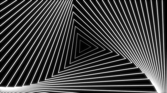 Glowing white abstract geometric triangle tunnel motion background loop for futuristic digital tech vfx
