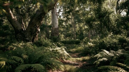 Obraz premium Tranquil Forest Scene with Lush Greenery, Tall Trees, and Sunlight Filtering Through Leaves Creating a Serene Nature Path in Wilderness