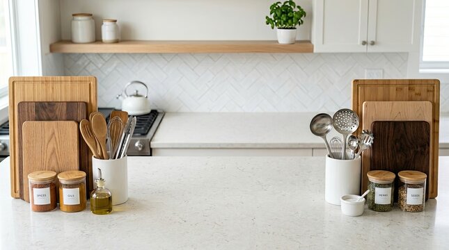 Two wooden cutting boards sit on a white marble countertop in a bright kitchen. A white ceramic canister holds utensils, and another canister contains spices.