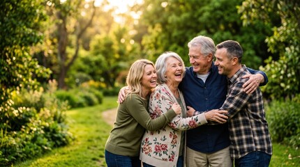 Fototapeta premium Joyful Family Gathering in Nature with Laughter and Happiness, Celebrating Togetherness in a Beautiful Outdoor Setting