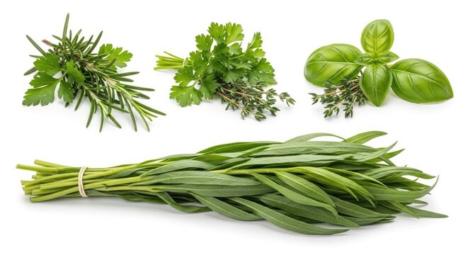 Several fresh herb bunches are arranged on a white surface. The herbs include parsley, basil, rosemary, thyme, chives, and oregano.
