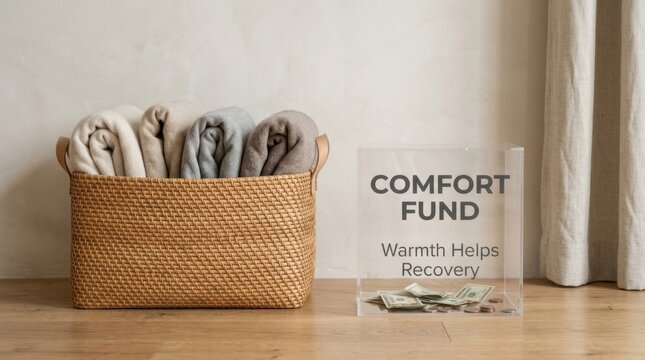 Basket with folded blankets sits beside a transparent donation box marked comfort fund warmth helps recovery, showing a charitable initiative for helping displaced people or those in need