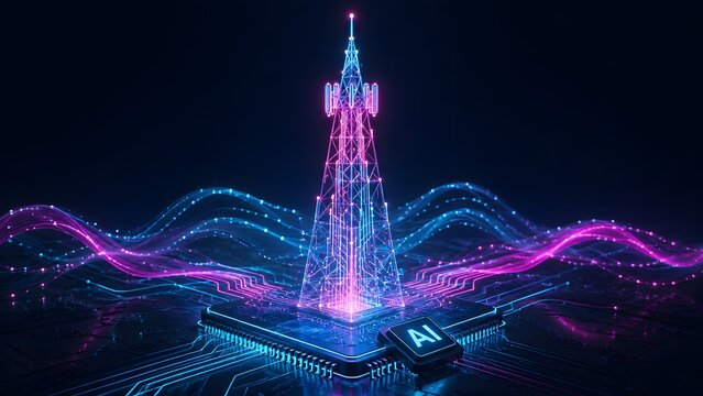 Glowing neon telecommunications tower mounted on an AI processor chip, illustrating 5G network connectivity, artificial intelligence, and global digital data transmission.