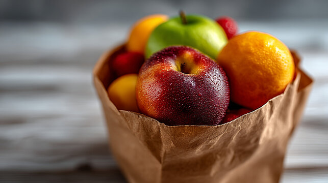 Fresh fruits in a brown paper bag on a rustic light wooden surface with nutrition