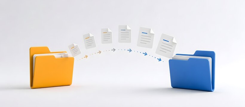3D illustration of documents flying from a yellow folder to a blue folder, representing digital file transfer, data migration, and cloud backup.