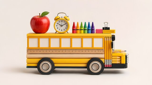 Creative school bus made of pencils and rulers carrying apple alarm clock and crayons back to school education concept