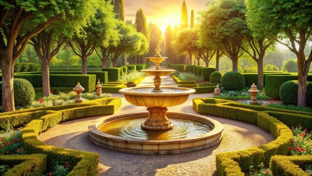 A golden fountain in a serene sunlit italianate garden with manicured hedges trees and marble pathways