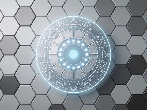 Futuristic circular design on hexagonal pattern