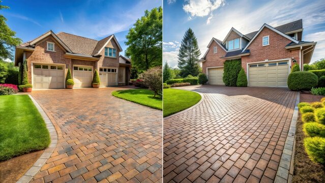 A before and after transformation of a onceovergrown brick paver driveway revealed to radiant cleanliness