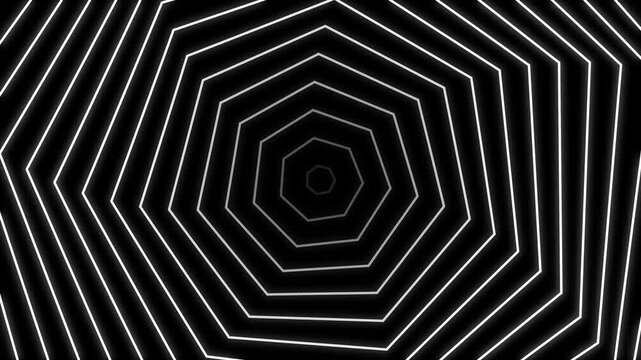 Abstract geometric black and white polygon tunnel loop with glowing neon line outline pattern