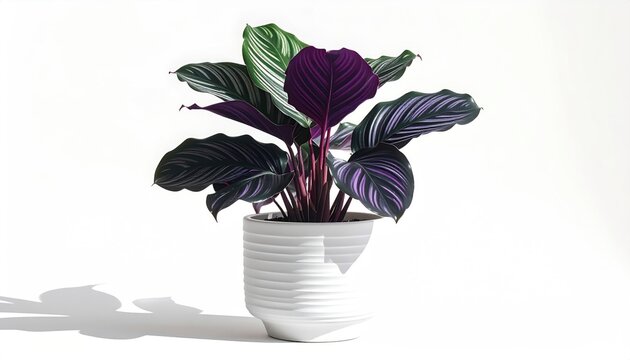 Vibrant foliage plant with striking purple, green, and white patterns in a white pot