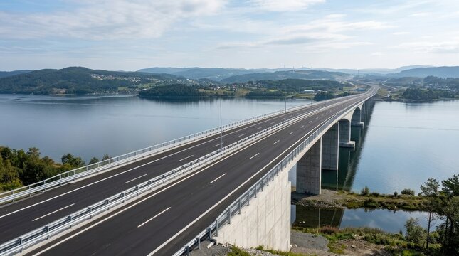 A long, modern concrete bridge spans a calm, blue lake. The bridge has two lanes of traffic and a barrier along its edges.