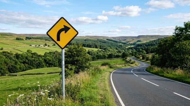 A yellow warning sign indicates a sharp right turn. The sign is positioned on a roadside next to a green grassy verge.